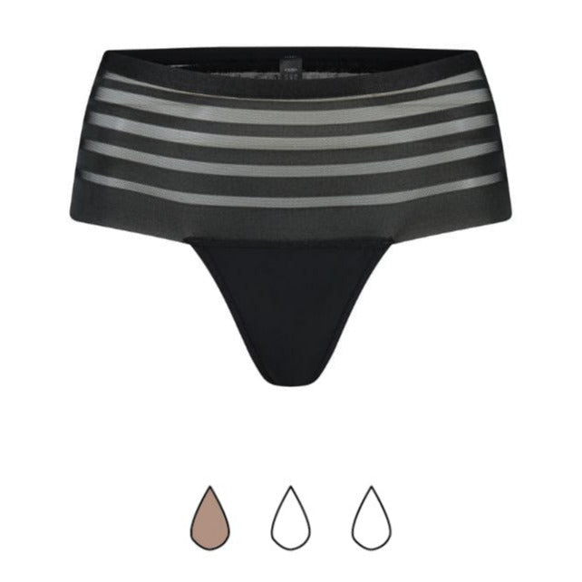 Black high-waisted Period boxerstring Bye Bra Thong with lace mesh detailing on waistband, shown from a front view in black, low flow.