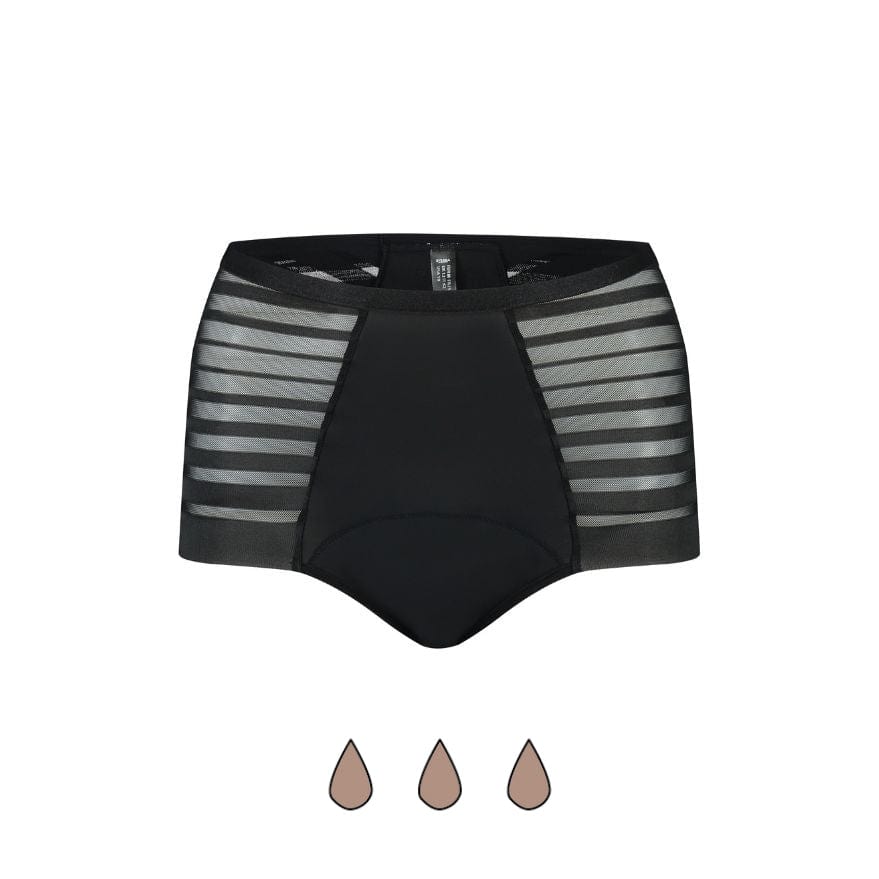 Black high-waisted period underwear with lace detailing and side panels, including visual indication of absorbency capacity.