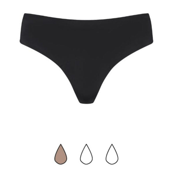 Bye Bra Black low-rise thong underwear with a low flow capacity indicator below it