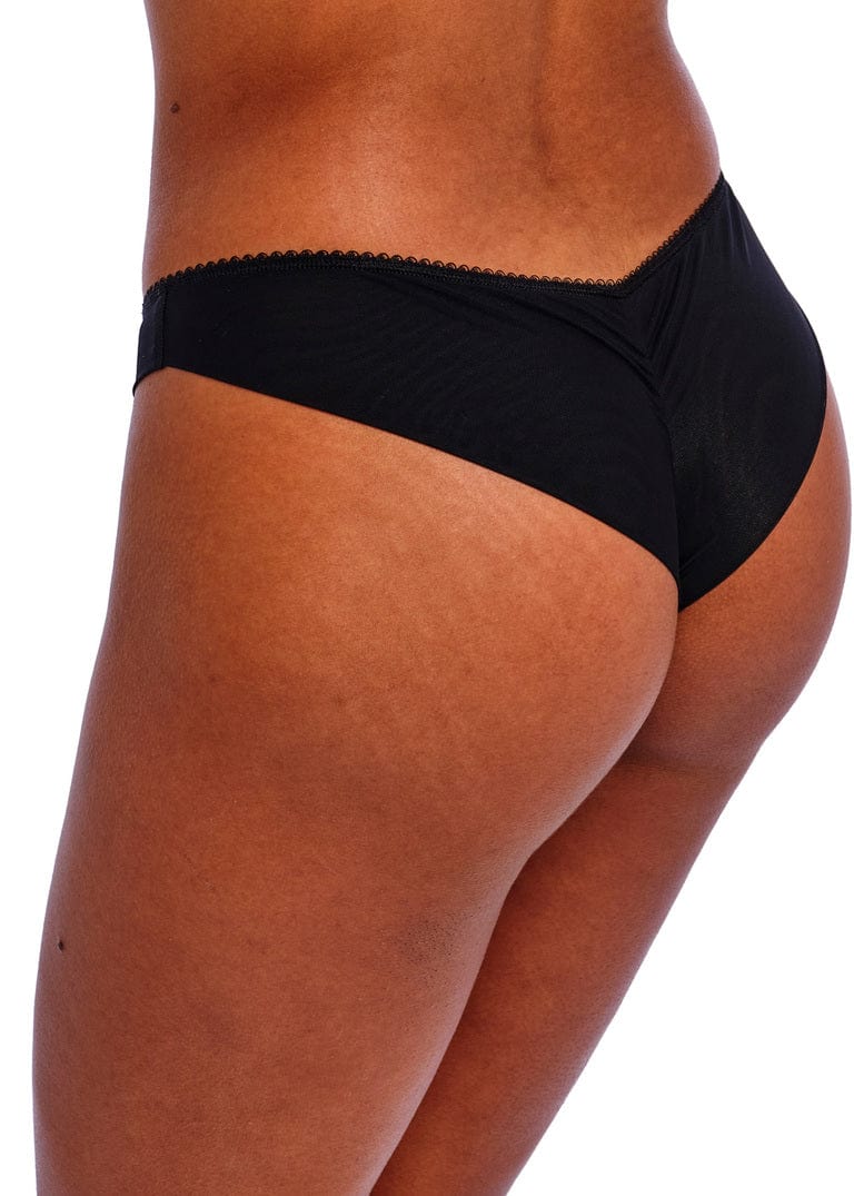 Woman wearing Freya Black Loveland Brazilian Brief Side View on a white background | Envie Lingerie
