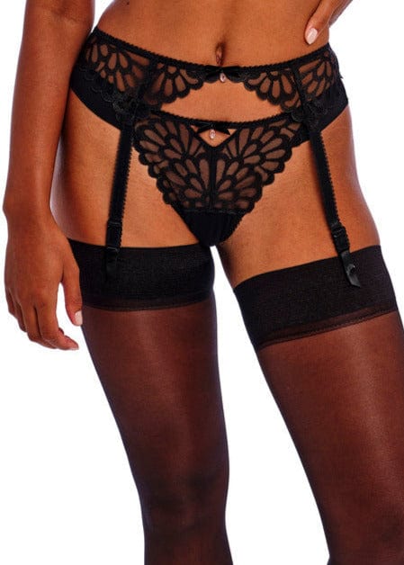 Freya Loveland Black lace lingerie set with garter straps on a white background