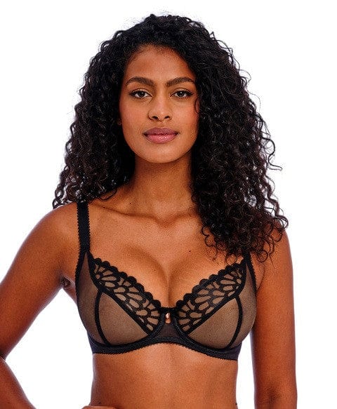 Woman wearing a Freya Bombshell black lace plunge bra on a white background | Envie lingerie