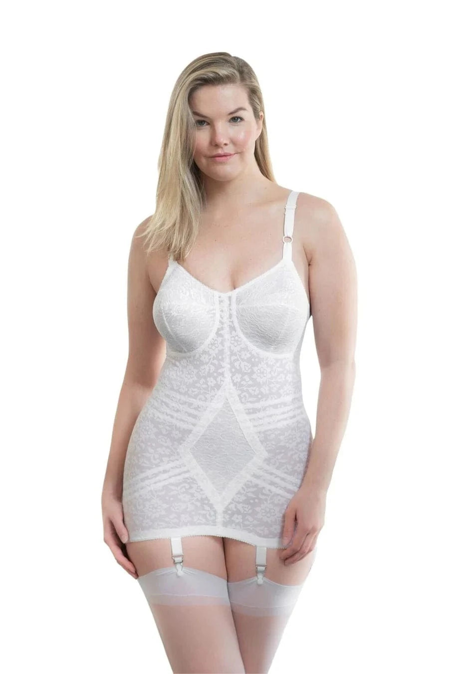 A woman modeling a Rago Open Corselette in white corselette with six metal suspenders, designed to shape the body and provide control.