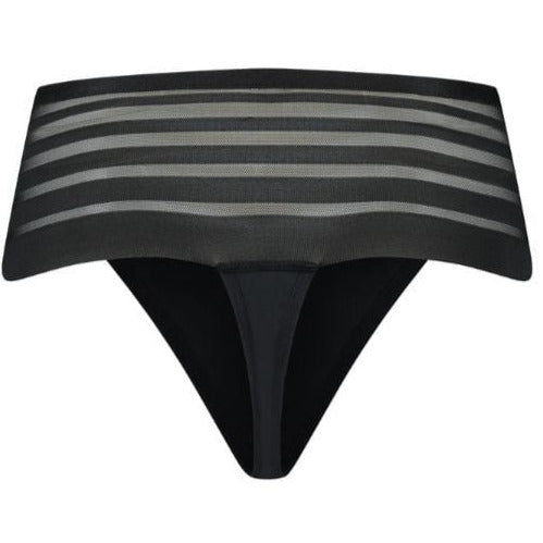 Bye Bra Period Boxerstring Thong in black with lace stripe mesh waistbandon a white background | Envie Lingerie
