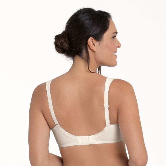 Woman wearing a ivorymastectomy bra on a white background back view | EnVie Lingerie