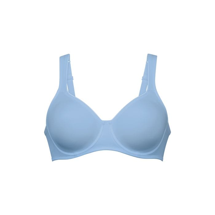 A light blue seamless wireless bra with adjustable shoulder straps, shown against a plain white background.
