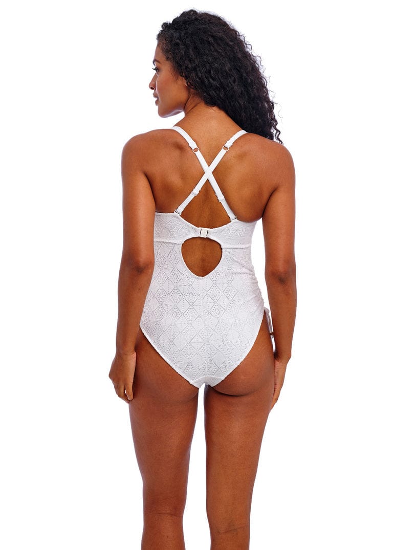 Freya Swim Nomad Nights White Swimsuit Back View with Crossed Straps | EnVie Lingerie