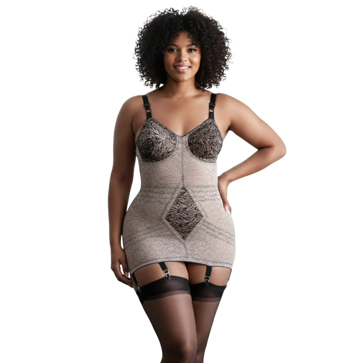 Woman wearing an open corselette in mocha and balck on a white background