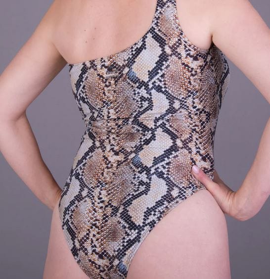 Snakeskin patterned mastectomy swimsuit back view EnVie Lingerie