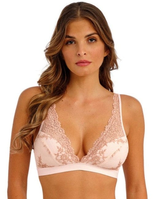 Woman wearing Embrace Lace Angel Wing rose Dust Soft Cup Bra | EnVie lingerie 