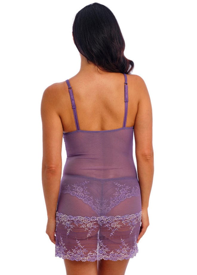 Back View of woman wearing a Wacoal Embrace lace Grape compote Multi Chemise set | EnVie Lingerie
