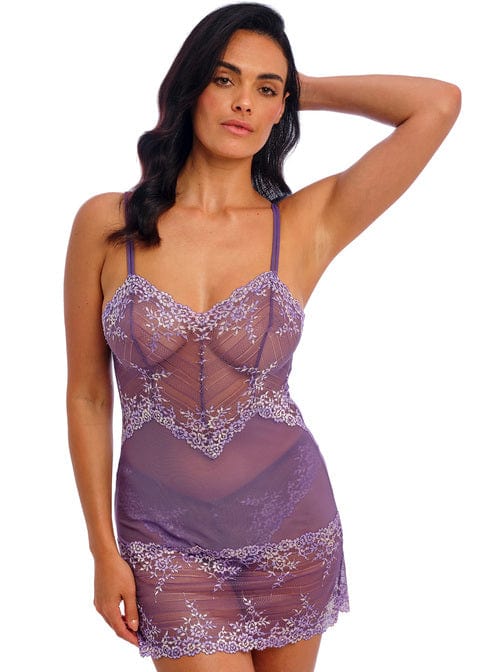 Woman wearing a Wacoal Embrace lace Grape compote Multi Chemise set on a white background | EnVie Lingerie