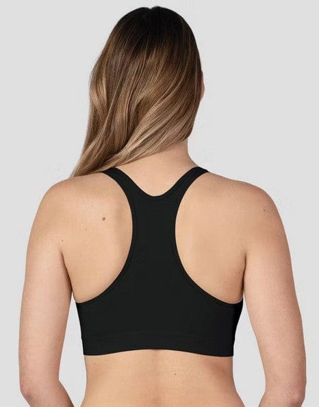 Back view of black Bravado! racerback nursing bra designed for lightweight comfort during sleep