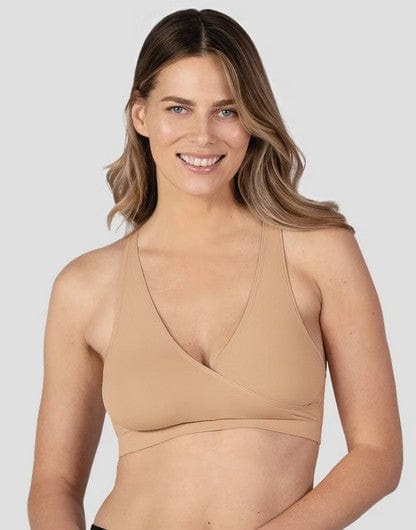 Close-up of nude nursing sleep bra showing front crossover style for easy breastfeeding access