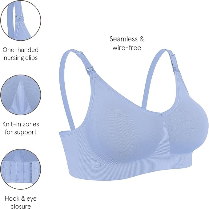 Hydranger Blue Bravado Body Silk nursing bra with features highlighted on a white background