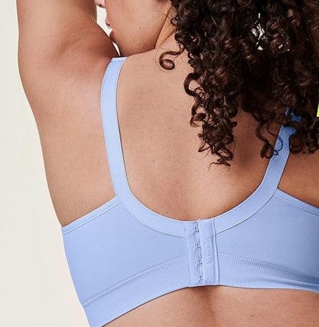 Bravado Hydranger Blue Body Seamless Silk Nursing Bra Back View worn by a woman with a neutral background
