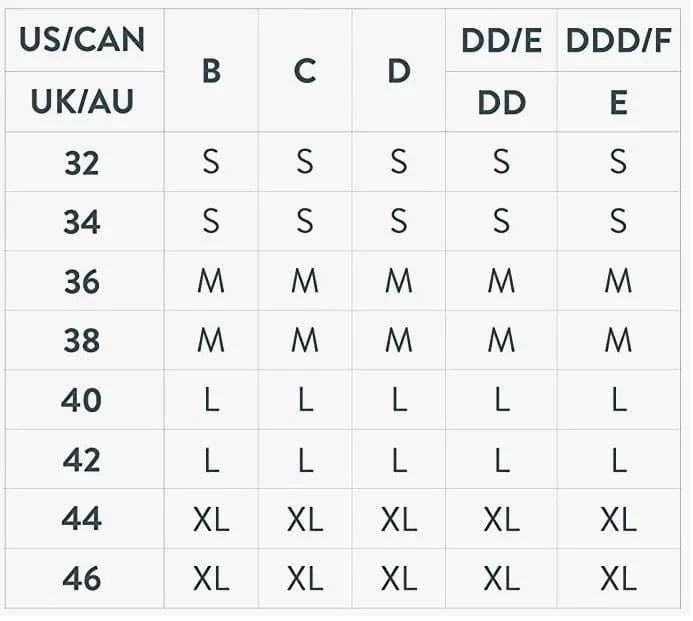 Bravado Size chart comparing US/Canada, UK/AU, and DD/DDF letter size designations.