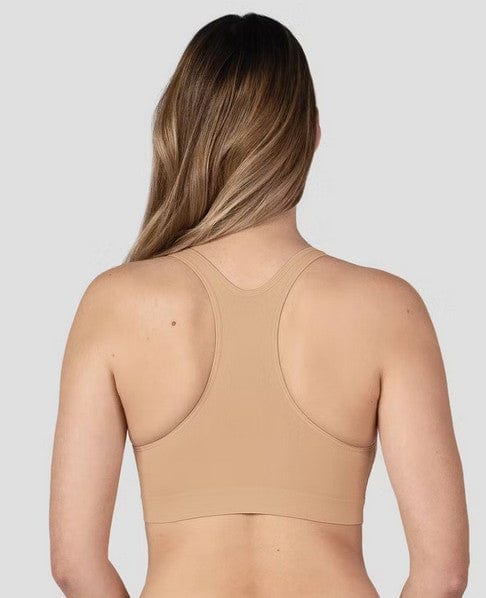 Back view of model wearing Bravado! crossover nursing bra with racerback design for comfort