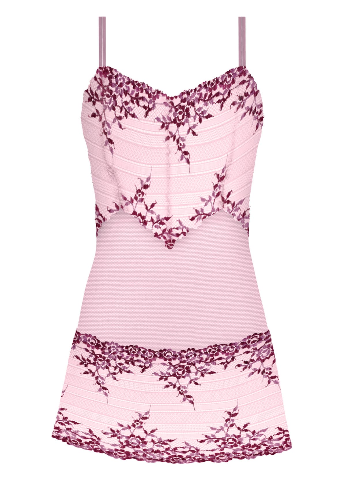 Pink nightie chemise with floral lace details on a white background