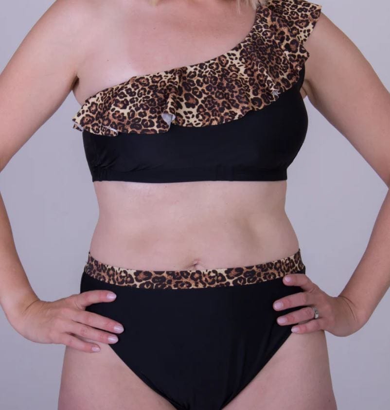 Leopardskin and black bikini top with off the shoulder trim on left hand side