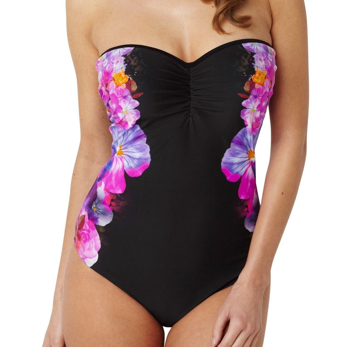 Black strapless swimsuit with colorful floral patterns on a white background