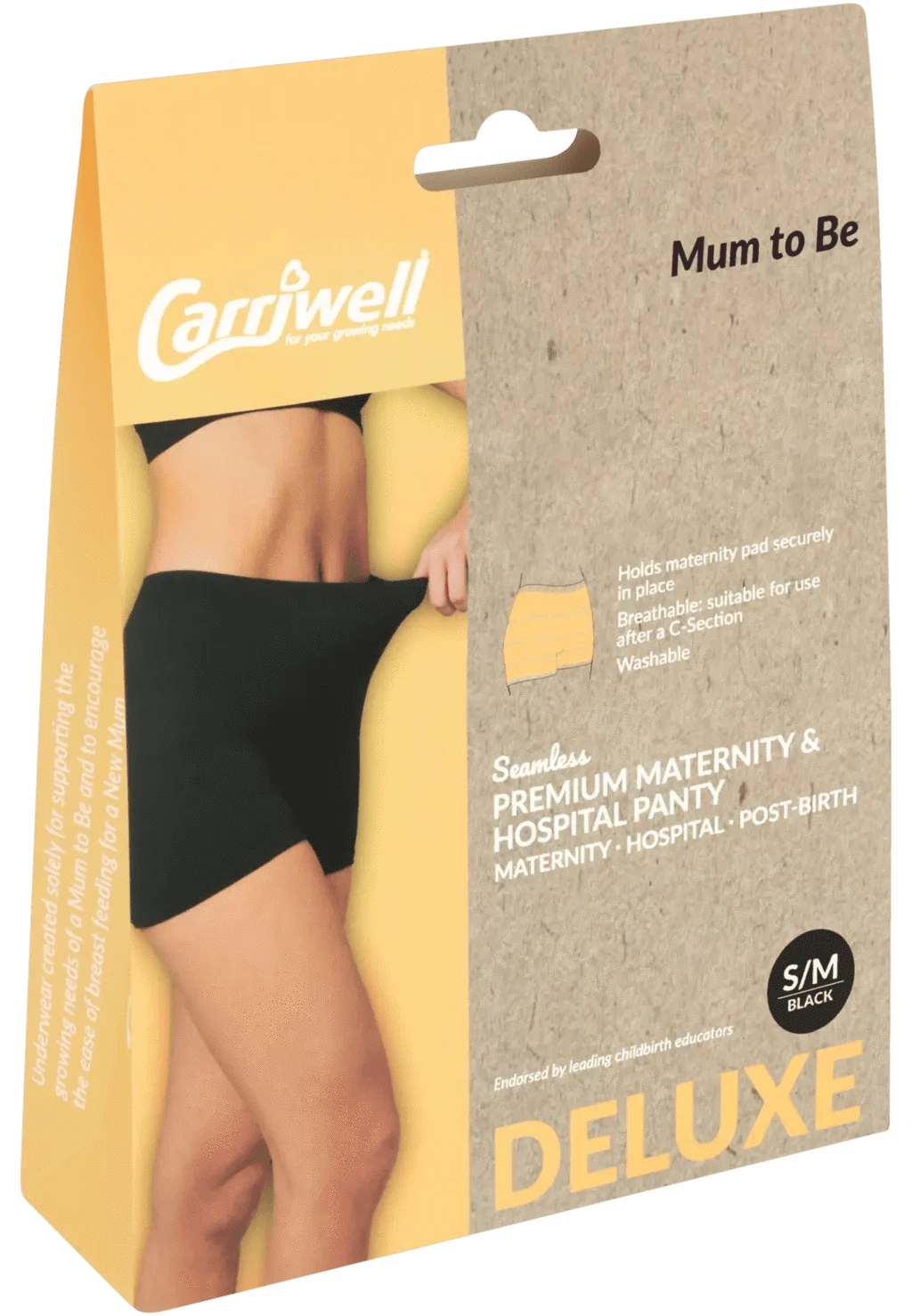 Carriwell maternity and hospital panty packaging with a model wearing the product.
