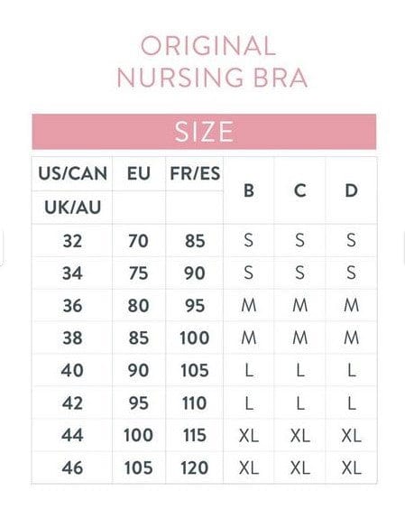 Bravado Original Nursing Bra Size Chart